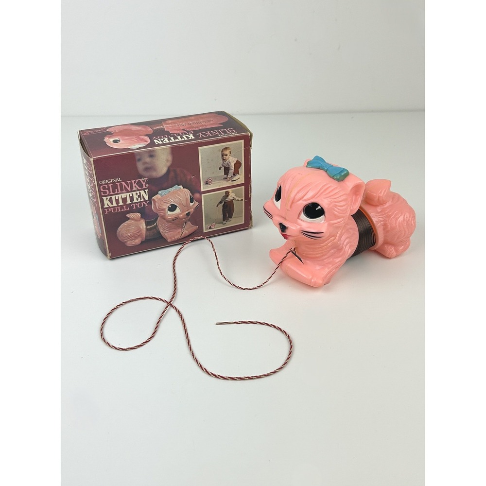 Vintage Slinky Kitten Pull Toy No 480 Original Box Pink Cat Made USA